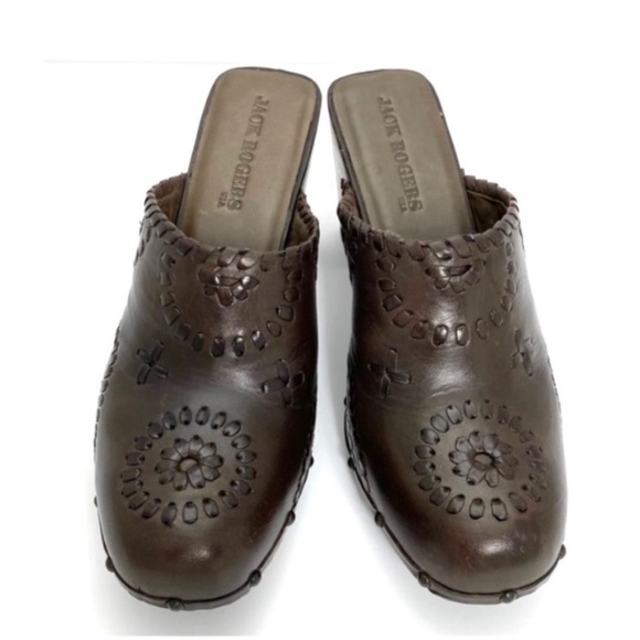 JACK Rogers Ali Clogs Wood Chunky Heel Platform Leather Mule Sandal in Brown - Picture 2 of 12